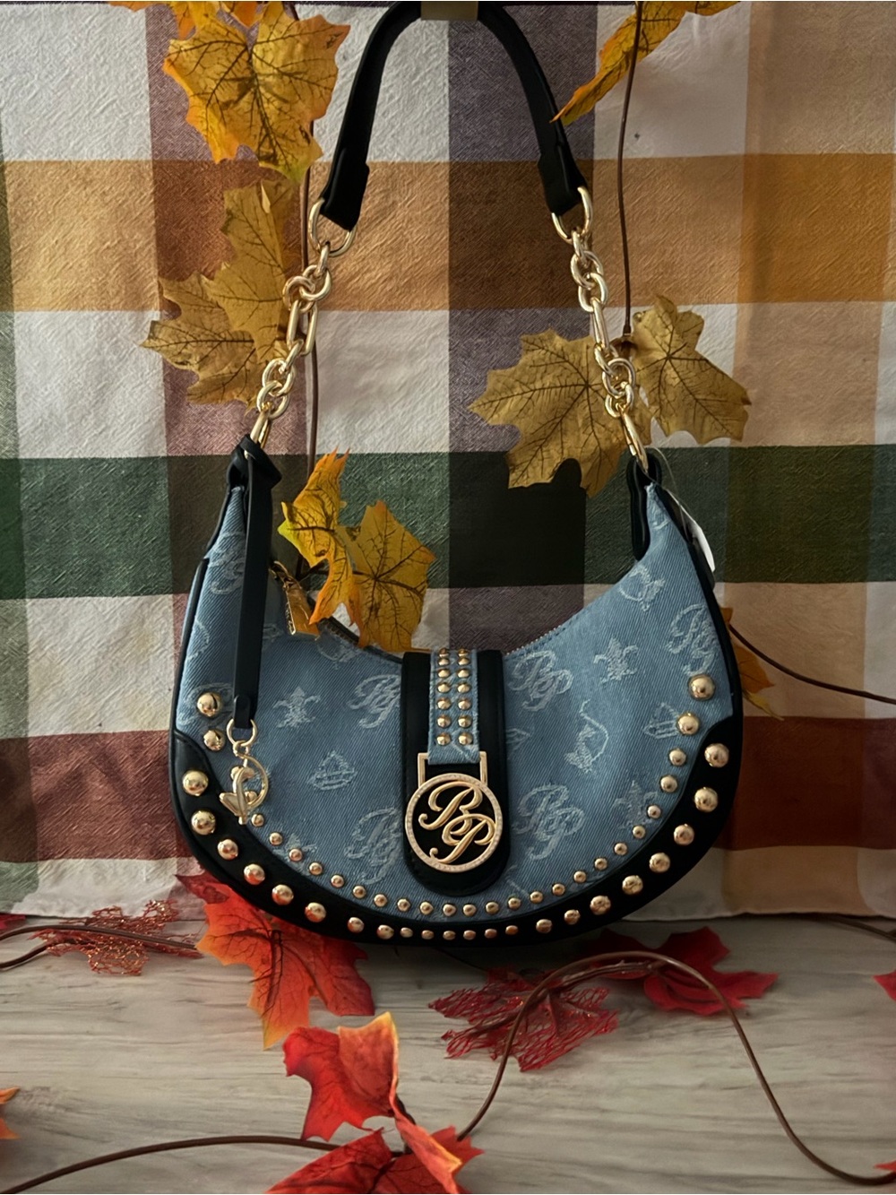Baby Phat Blue Studded Shoulder Bag with Gold Hardware
